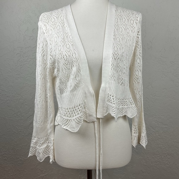Sweet Kizz Sweaters - Sweet Kizz Lightweight Crochet Tie Front Cardigan Crop Top Ruffle Romantic